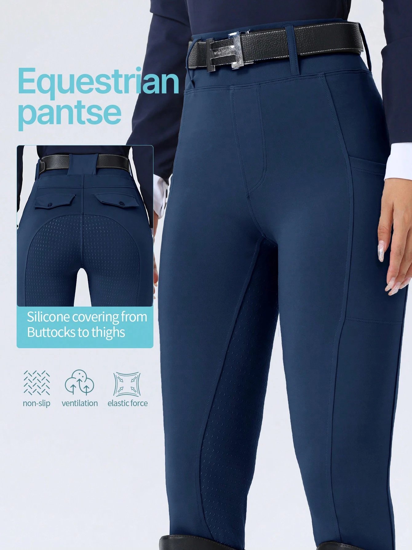 women's elegant prussian blue riding breeches with rear flap pockets & full seat silicone women's elegant prussian blue riding breeches with rear flap pockets & full seat silicone