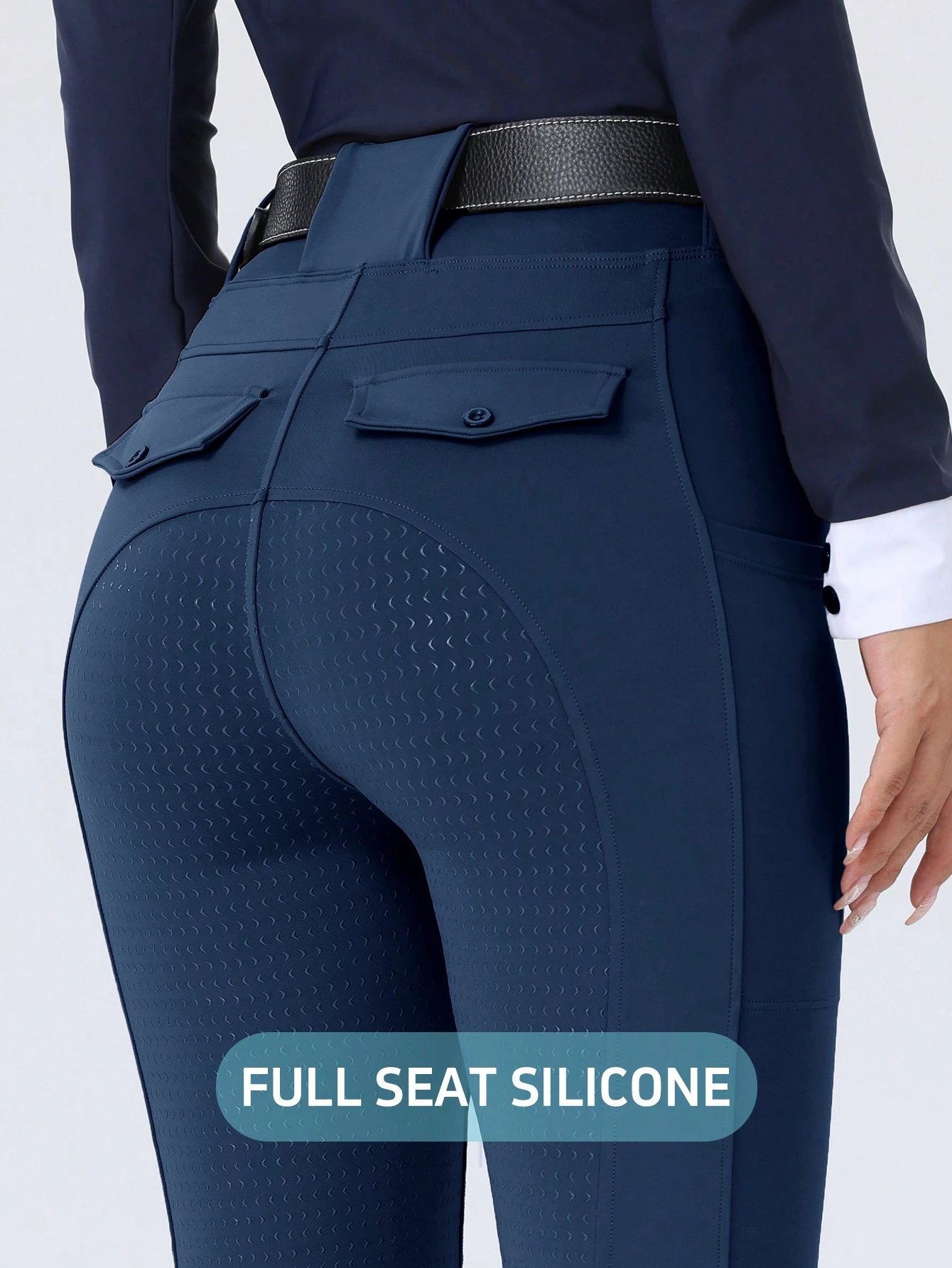 women's elegant prussian blue riding breeches with rear flap pockets & full seat silicone women's elegant prussian blue riding breeches with rear flap pockets & full seat silicone