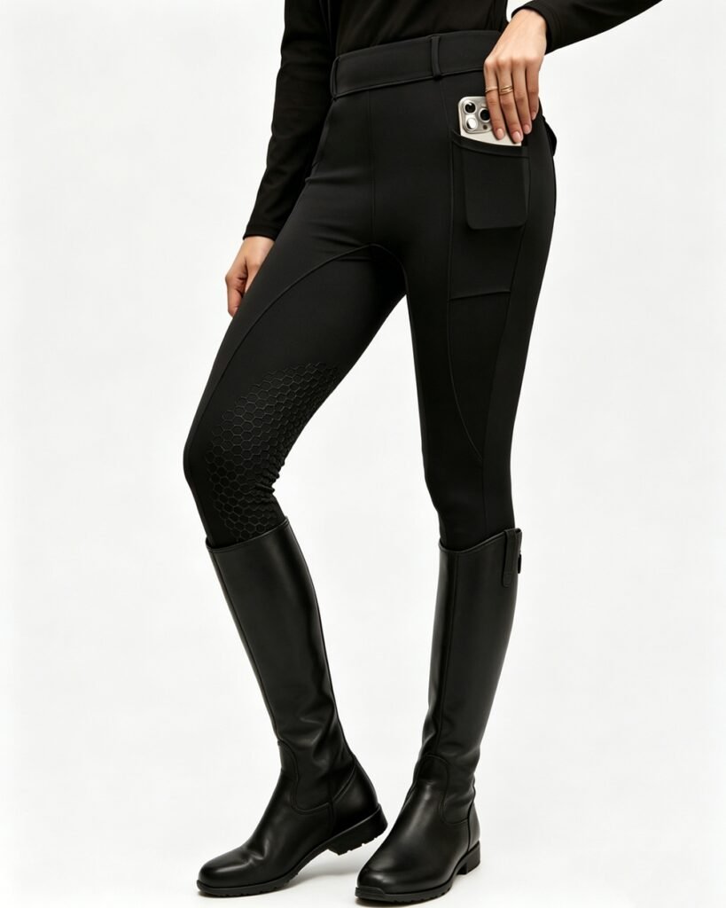 Unleash Your Brand’s Potential: Deep Dive into VeloSpan’s Custom Breeches Features professional all black riding breeches – honeycomb full seat grip & cross back detail