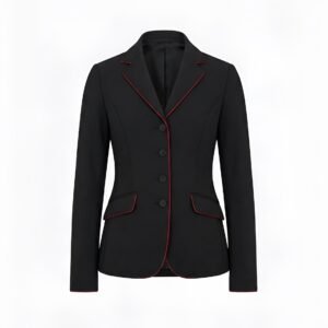 professional women's equestrian competition show jacket black with red piping