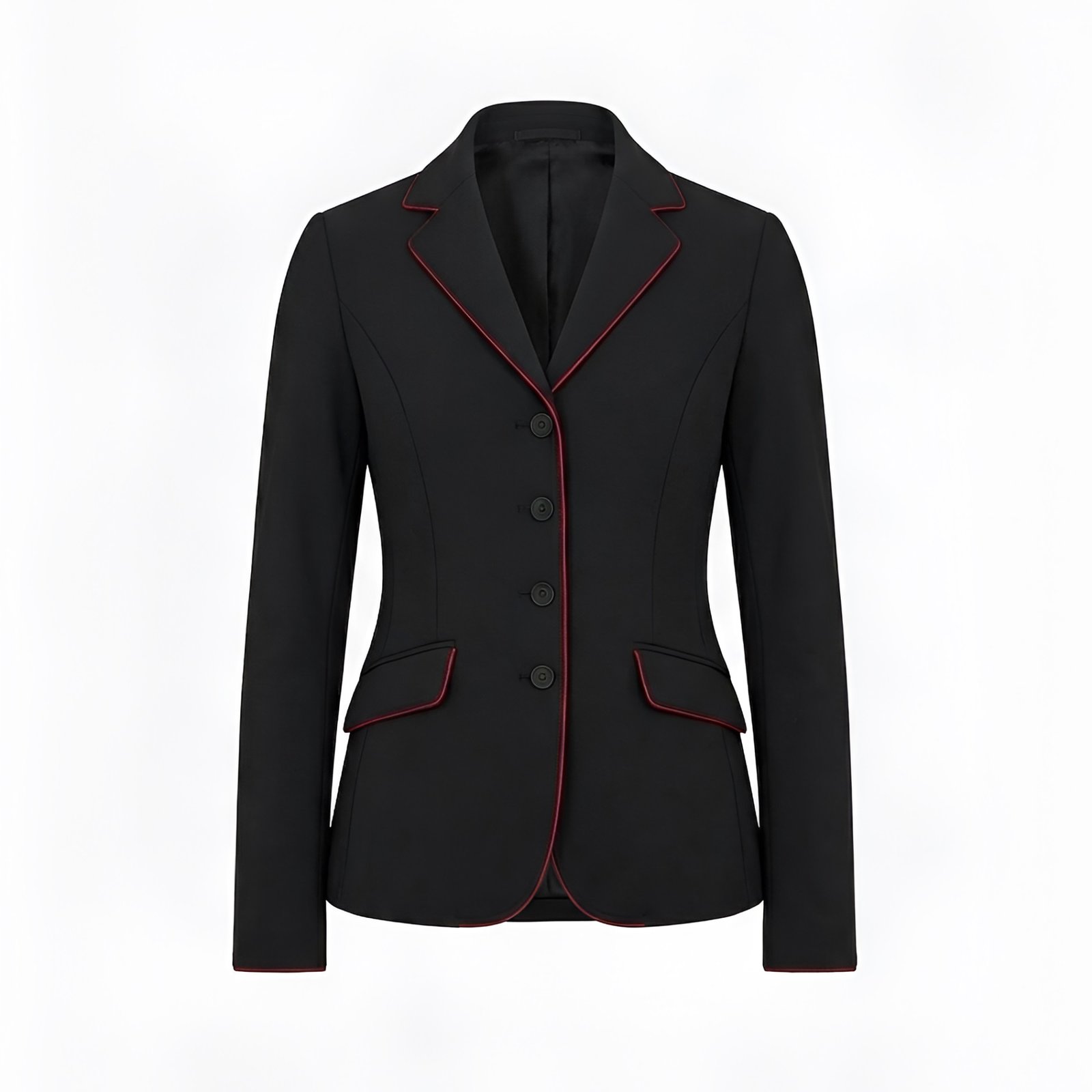 professional women's equestrian competition show jacket black with red piping professional women's equestrian competition show jacket black with red piping