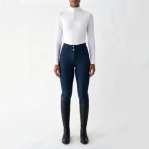 <p><strong>price range: $16.00 – $25.00</strong><br /> <strong>moq: 100 pcs per color/design</strong></p> <p><strong>precision jumping dynamics & tailored elegance:</strong> the <strong>vb038 women's high waist knee patch breeches</strong> deliver a polished, high performance solution for jumping, hunter, and everyday equestrian training. formulated in classic midnight navy blue, these breeches feature a metallic double button waistband, reinforced wide central rear belt loop, and subtle front scoop pockets. engineered with targeted honeycomb knee patch silicone grip, they offer essential leg security over fences while maintaining maximum seat mobility.</p> <p><strong>premium tailoring highlights:</strong></p> <ul> <li><strong>double metallic button high rise waist:</strong> structured wide waistband with elegant front metallic buttons provides exceptional core stability and posture support.</li> <li><strong>reinforced wide rear belt loop:</strong> centralized wide back loop (visible in <em>vb038 equestrian horse riding breeches (2).jpg</em>) ensures riding belts sit flush without sagging.</li> <li><strong>targeted knee patch silicone traction:</strong> hexagonal silicone matrix along the inner knee provides superior grip against the saddle flaps during jumping and posting.</li> <li><strong>clean seamless glute contour:</strong> minimalist rear seam architecture contours the posterior naturally while eliminating bulky seams under the saddle.</li> </ul> <p><em>fully optimized for b2b global equestrian retailers, riding schools, and private label growth. contact us for custom hardware, silicone branding, and volume pricing.</em></p>